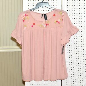 Plus Size 3X Kristin Nicole Floral Embroidered Mesh Blush Pink Flutter Top